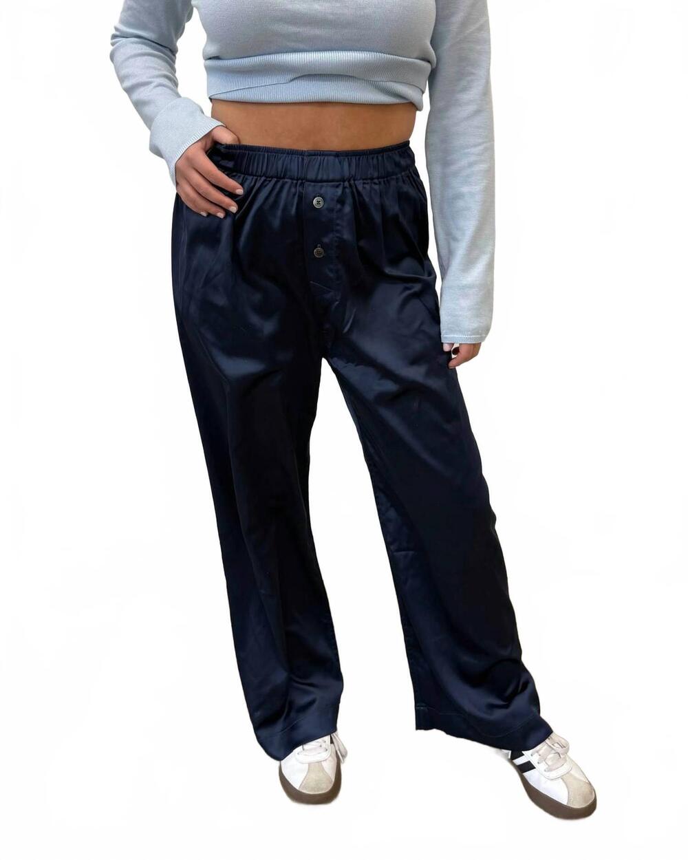 NEW OLIVACEOUS women's wide leg satin pants in midnight blue